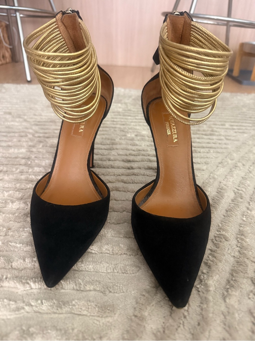 Aquazzura Hello Lover Black Suede Pointed Pumps with Gold Coil Anklet